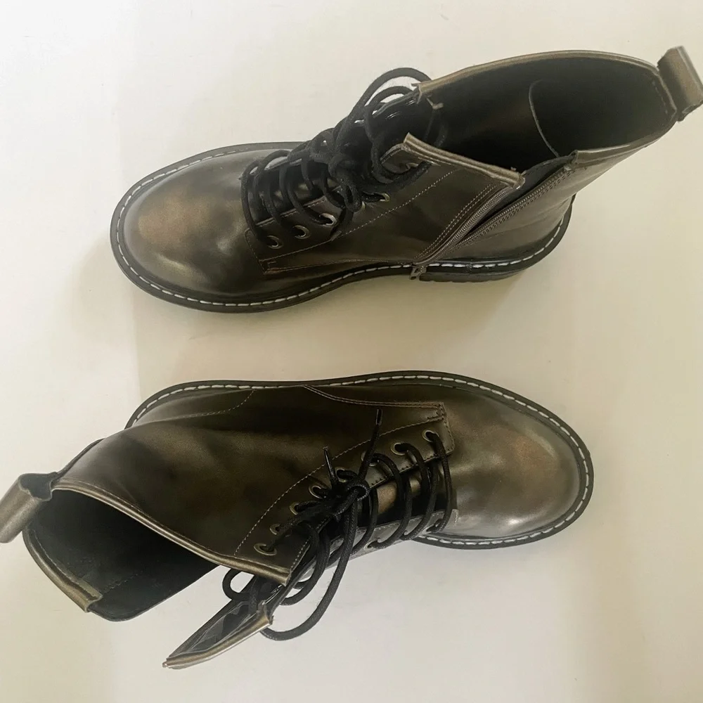 Forever 21 Faux Leather Lace Up 90s Y2K Moto Combat Boots Green Size 7.5 - Picture 7 of 8